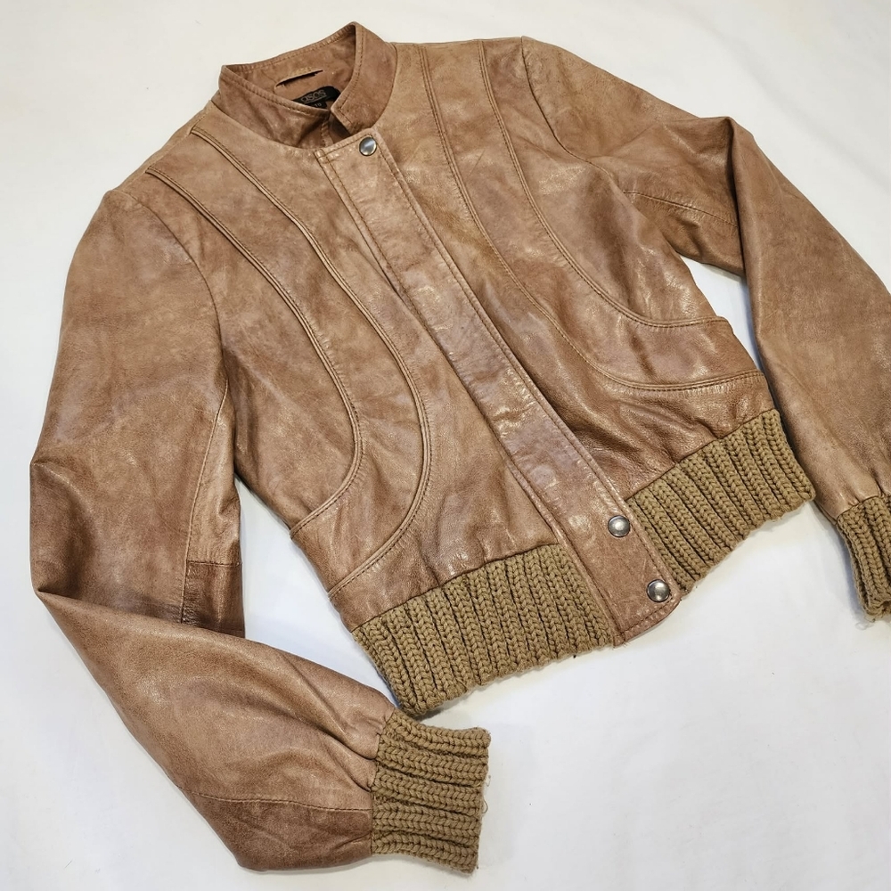 Genuine Leather ASOS Tan Brown Bomber Jacket Women’s Ribbed Trim Zip up size 6